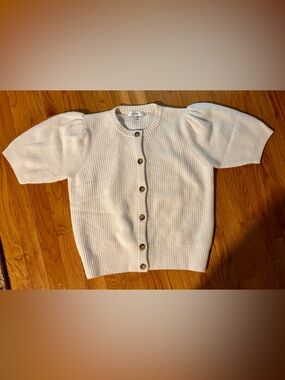 Frame Ivory Ribbed Puff-Sleeve Cashmere/Wool Button Cardigan